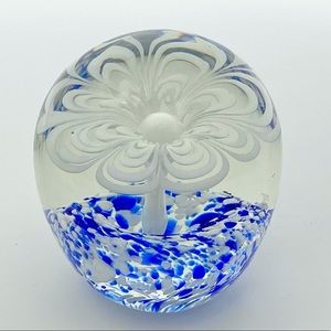 Art Glass Paperweight White Flower Blue Swirl Blown Glass